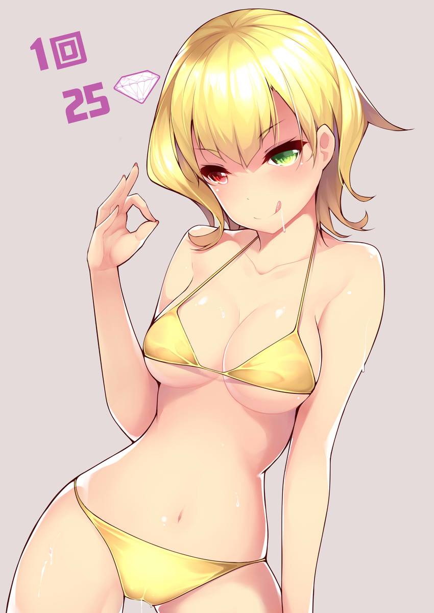 :q absurdres bikini blonde_hair breasts charlotte_(shironeko_project) dean fellatio_gesture green_eyes heterochromia highres large_breasts navel pussy_juice red_eyes shironeko_project short_hair solo swimsuit tongue tongue_out underboob