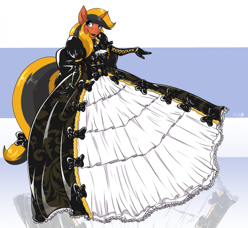 2016 anthro ball_gown black_hair black_lipstick black_theme blonde_hair clothing dress elbow_gloves equine fan_character female gloves hair helixjack help_desk_(oc) horn mammal multicolored_hair my_little_pony solo two_tone_hair unicorn