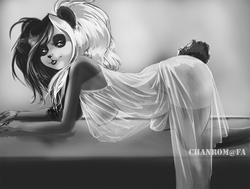 all_fours anthro bear breasts chanrom female looking_at_viewer mammal monochrome nightgown nipples panda smile solo translucent_clothing