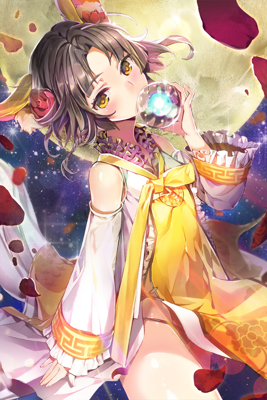 animal_ears bangs bare_shoulders black_hair blush cat_ears covering_mouth cowboy_shot detached_sleeves flower frilled_shirt_collar frilled_sleeves frills glint hair_flower hair_ornament head_tilt highres j_na long_sleeves looking_at_viewer orange_eyes orb parted_bangs petals red_flower red_rose rose rose_petals shiny shiny_skin short_hair sita_vilosa sleeves_past_wrists solo sword_girls tabard tareme thighs