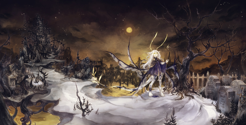 antennae bandaged_arm bandaged_leg bandages bug graveyard highres insect insect_girl insect_wings knife landscape long_hair moon nemu_(isaya) night night_sky outstretched_arm pixiv_fantasia planted_sword planted_weapon scenery silver_hair sky solo sword tombstone tree weapon white_hair wings yellow_eyes