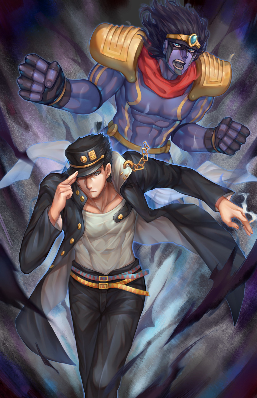 absurdres adjusting_clothes adjusting_hat black_hair chain choukoukou_no_diaosi clenched_hands earrings frown gakuran green_eyes hat highres jewelry jojo_no_kimyou_na_bouken kuujou_joutarou male_focus muscle open_mouth school_uniform stand_(jojo) star_platinum