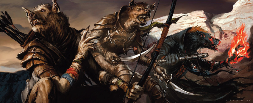 2008 action_pose anthro arc armband armor arrow black_fur blade brown_fur cape clenched_teeth clothing cloud collar crouching detailed detailed_background digital_media_(artwork) dungeons_&amp;_dragons ear_piercing fangs fire fur gnoll green_eyes group hi_res hyena looking_away magic male mammal mountain official_art open_mouth outside piercing red_eyes sharp_teeth skinny standing stick teeth unknown_artist warrior yellow_eyes