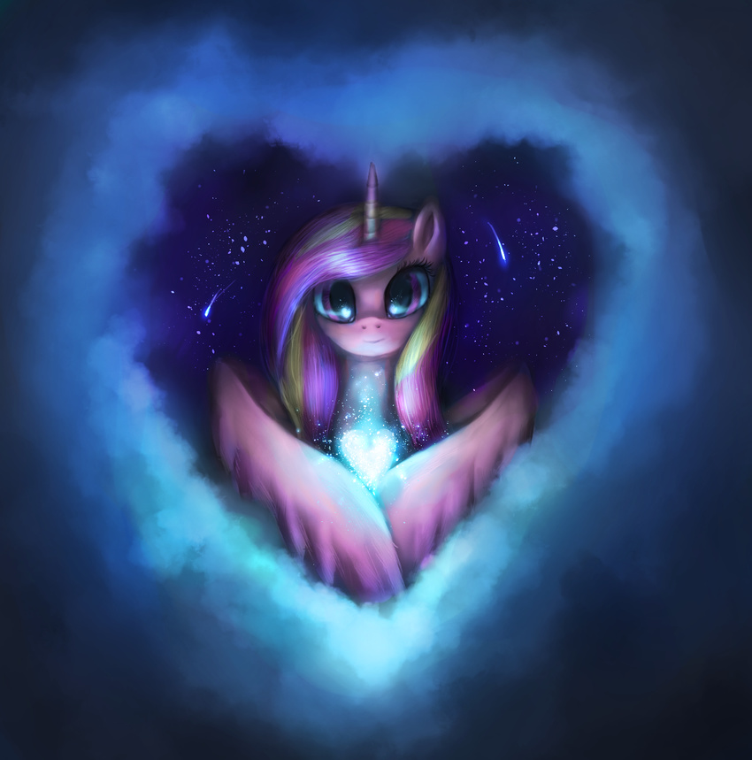 &lt;3 2014 9de-light6 abstract_background crystal equine feathered_wings feathers female feral friendship_is_magic fur hair horn looking_at_viewer mammal multicolored_hair my_little_pony pink_feathers pink_fur princess_cadance_(mlp) purple_eyes sky smile solo spread_wings star winged_unicorn wings