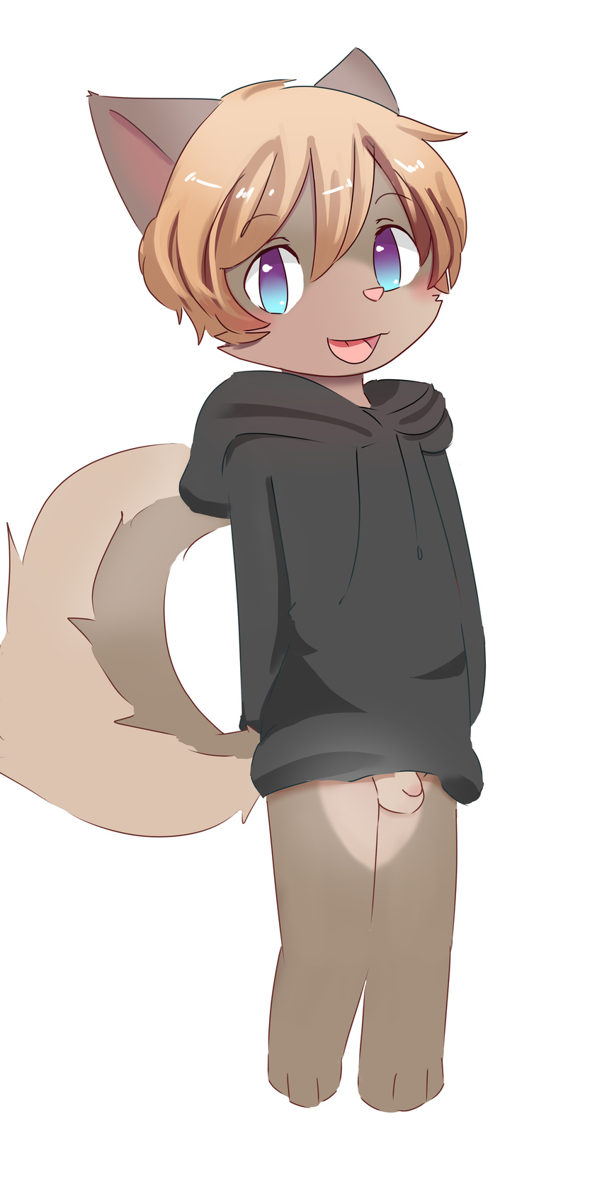 absurd_res auvere balls blonde_hair blue_eyes blush bottomless canine clothing cub flaccid hair hands_behind_back happy hi_res hoodie kemono kiggles looking_at_viewer male mammal open_mouth penis smile young