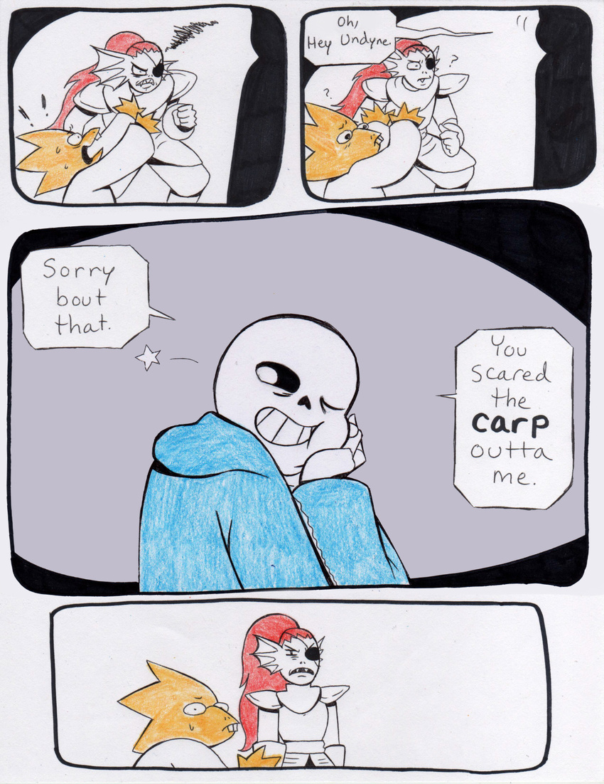 aftertale alphys armor bone boss_monster clothed clothing comic dialogue english_text eye_patch eyewear female fish glasses grin hair lizard loverofpiggies male marine monster one_eye_closed red_hair reptile sans_(undertale) scalie skeleton smile star teeth text undertale undyne video_games wink