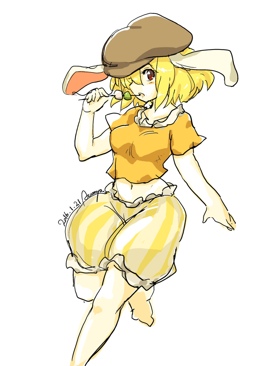 animal_ears artist_name azumaya_toushirou baggy_pants blonde_hair blouse bunny_ears collarbone cowboy_shot dango dated eating flat_cap floppy_ears food hat highres holding looking_at_viewer midriff navel open_mouth orange_shirt pants profile red_eyes ringo_(touhou) sanshoku_dango shirt short_hair short_sleeves signature simple_background sketch skewer solo standing standing_on_one_leg tareme touhou wagashi white_background yellow_pants