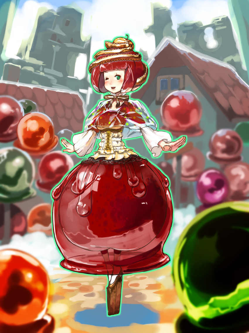 apple apple_hair_ornament bangs blunt_bangs blush bubble_skirt candy_apple capelet corset dress food food_themed_clothes food_themed_hair_ornament fruit full_body gingerbread_house green_eyes hair_ornament highres long_sleeves looking_at_viewer neck_ribbon one_eye_closed open_mouth original outstretched_arms personification platform_footwear pocketland red_dress red_hair ribbon see-through short_hair skirt smile solo standing sweets tetuhei underbust