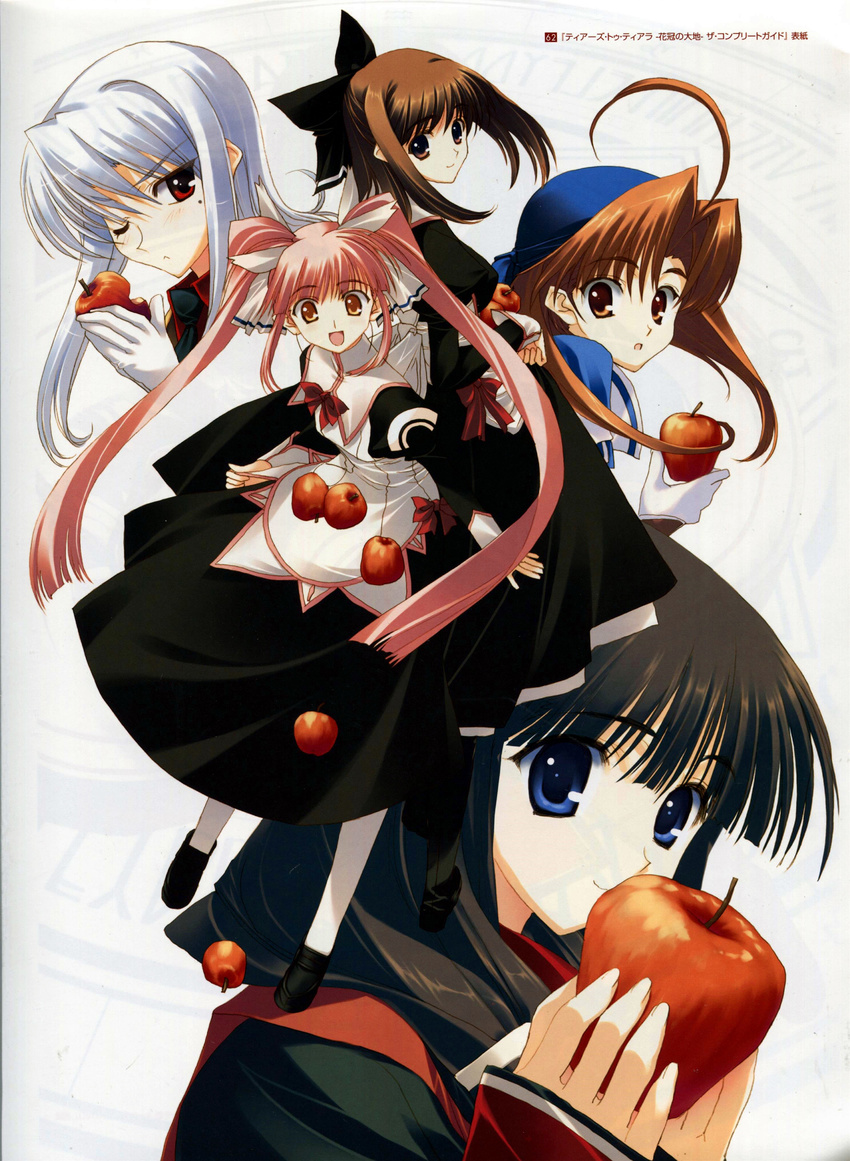 absurdres apple blue_eyes brown_hair ermin food fruit gloves highres lidia limwris long_hair long_sleeves looking_back multiple_girls nakamura_takeshi non-web_source pink_hair ponytail red_eyes riannon ribbon shoes silver_hair simple_background smile tears_to_tiara twintails white_gloves