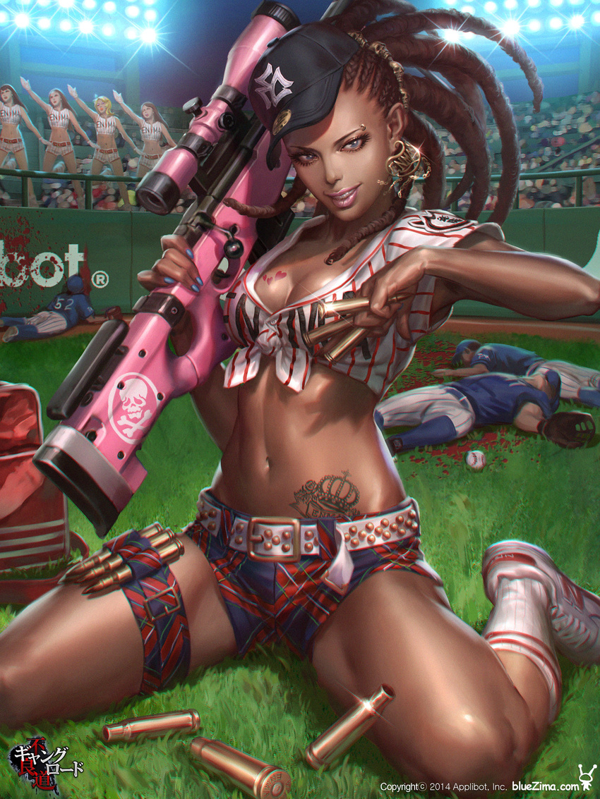 ai_arctic_warfare bad_artstation_id bad_id baseball_cap baseball_stadium baseball_uniform between_fingers blood blue_eyes blue_nails bolt_action breast_tattoo breasts brown_hair bullet cheerleader cleavage commentary cornrows dark_skin death dong-wook_shin earrings eyebrow_piercing eyelashes front-tie_top furyou_michi_~gang_road~ grin gun hairlocs hat heart_tattoo highres holding holding_gun holding_weapon jewelry lips lipstick long_hair makeup medium_breasts midriff multiple_girls nail_polish navel nose piercing realistic rifle scope shell_casing shoes short_shorts shorts sitting smile sneakers sniper_rifle socks solo_focus sportswear stage_lights striped tattoo thigh_strap thighs vertical_stripes very_dark_skin wariza weapon