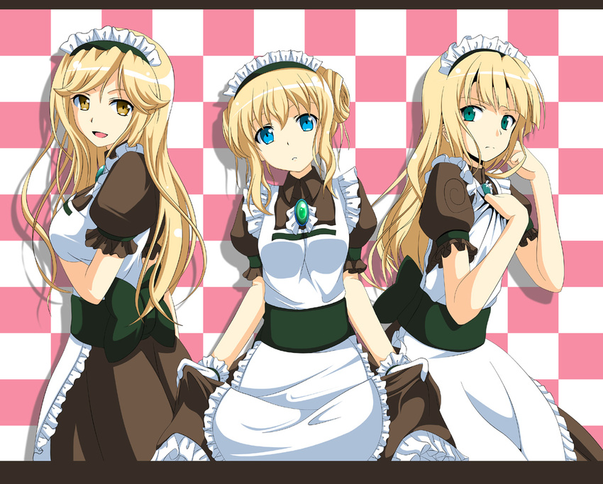 :d :o adjusting_hair apron bangs belt blonde_hair blue_eyes blunt_bangs breast_hold breasts brown_eyes cecil_damon checkered checkered_background collar curtsey double_bun dress frills frown gloves green_eyes hair_bun hand_on_own_chest kafra katheryne_keyron kuroma_(no_plan) letterboxed long_hair looking_at_viewer maid_apron maid_headdress margaretha_solin multiple_girls open_mouth parted_bangs puffy_sleeves ragnarok_online sash short_hair short_sleeves smile