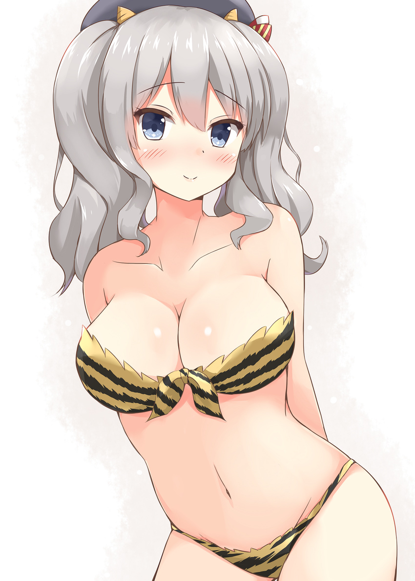 alternate_costume animal_print arms_behind_back bandeau bare_shoulders beret bikini blue_eyes breasts chaa_(korone-ze) cleavage collarbone commentary_request front-tie_top hat highres horns kantai_collection kashima_(kantai_collection) large_breasts long_hair looking_at_viewer navel oni_horns silver_hair smile solo swimsuit tiger_print tsurime twintails wavy_hair