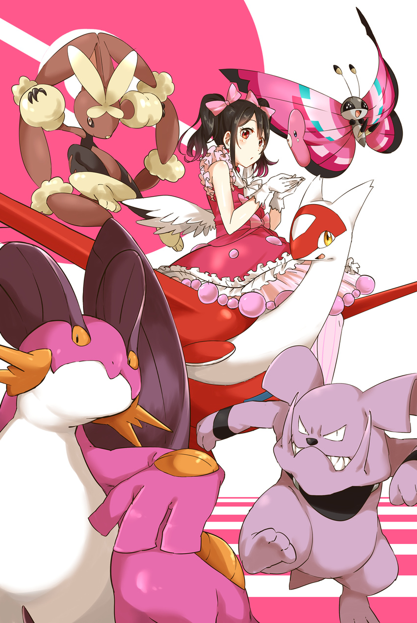 alternate_color angel_wings black_hair bow crossover gen_2_pokemon gen_3_pokemon gen_4_pokemon gen_6_pokemon gloves granbull hair_bow highres ksk_(semicha_keisuke) latias long_hair lopunny love_live! love_live!_school_idol_project luvdisc mega_lopunny pink_wings pokemon pokemon_(creature) red_eyes shiny_pokemon swampert twintails vivillon wings yazawa_nico