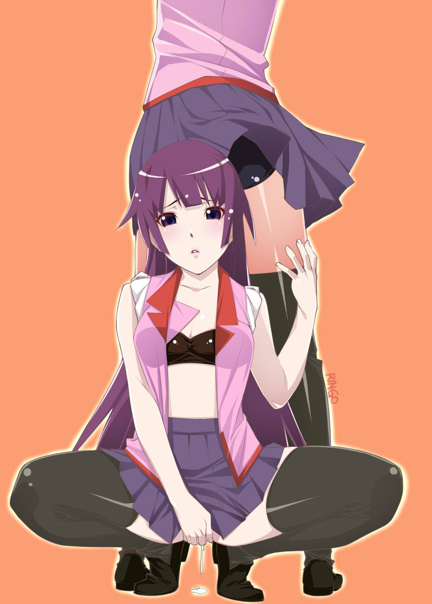 bakemonogatari black_legwear blush highres kanbaru_suruga kuroishi_ringo long_hair looking_at_viewer masturbation monogatari_(series) multiple_girls purple_hair pussy_juice senjougahara_hitagi shiny shiny_skin shorts skirt squatting standing thighhighs yuri