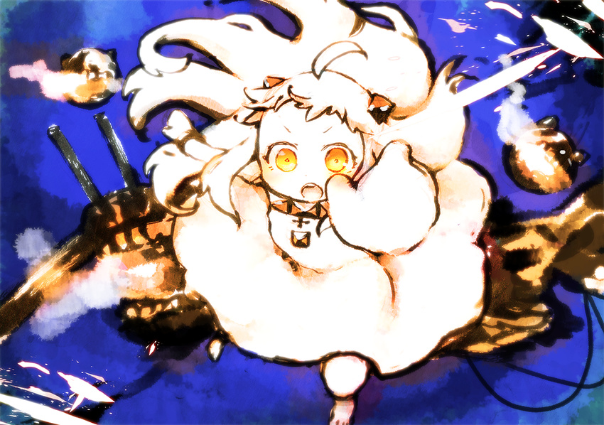 ahoge dress horns kantai_collection long_hair looking_at_viewer mittens northern_ocean_hime open_mouth orange_eyes shinkaisei-kan shinryou_rei solo white_dress white_hair white_skin