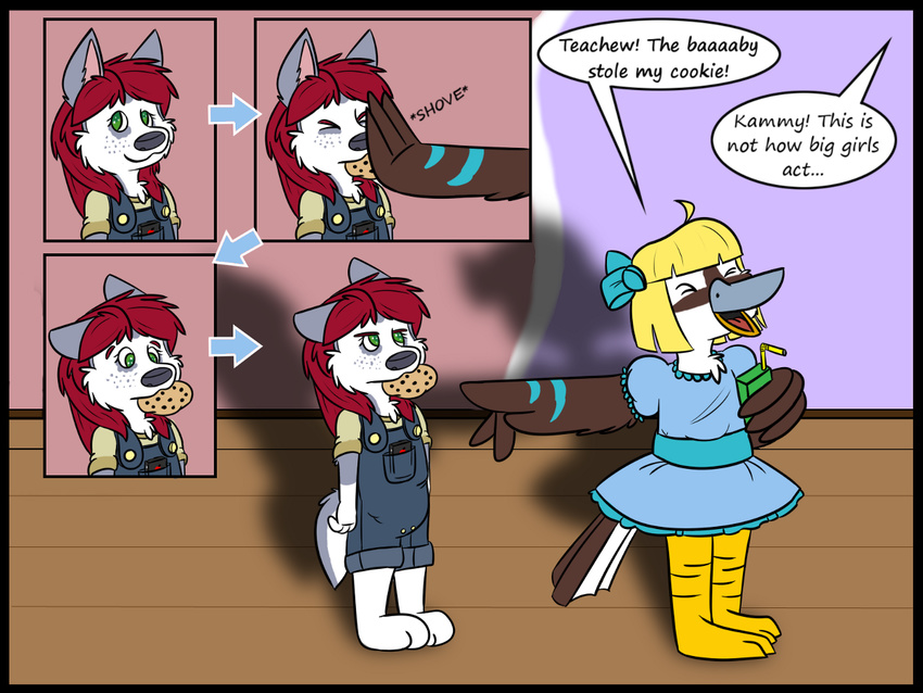 age_regression avian bird bully canine clothing comic cookie cub daycare dog english_text food hair husky kammypup kammypup_(artist) kookaburra mammal red_hair speech_bubble text young