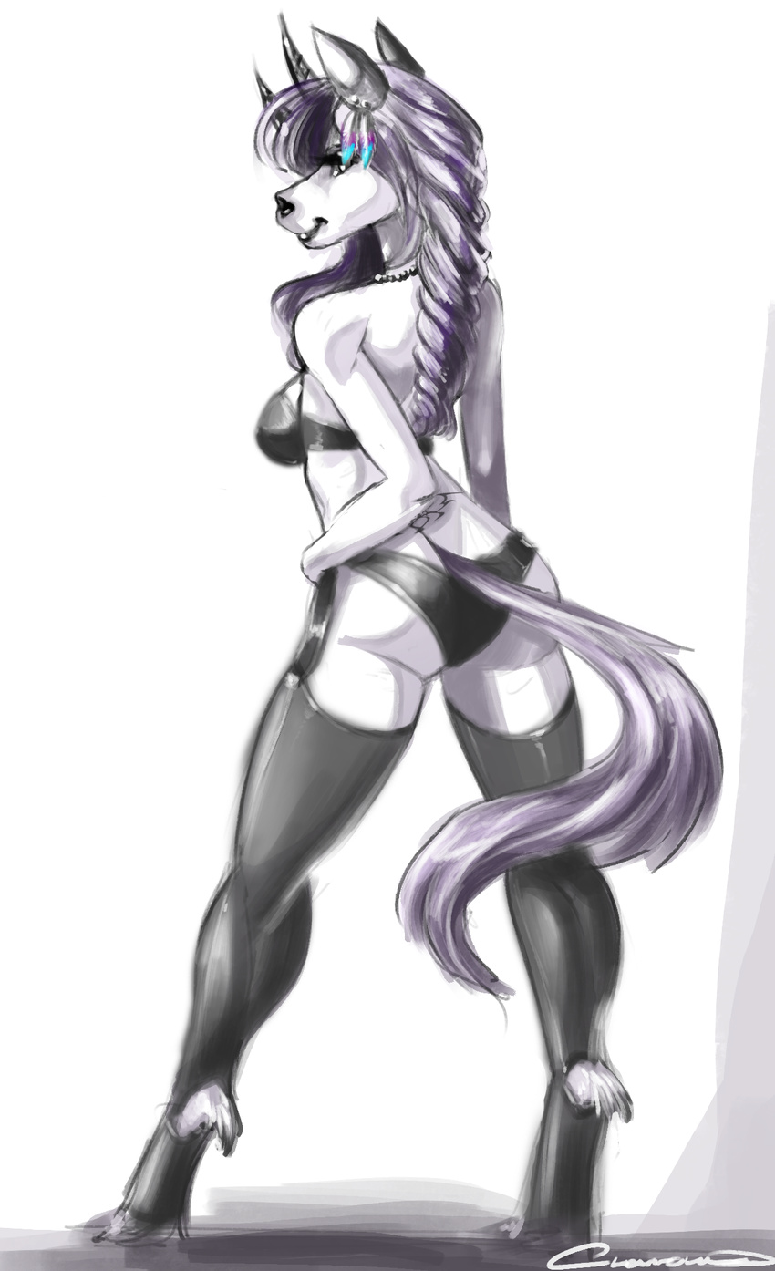 anthro bra breasts chanrom clothing equine female garter hooves horn invalid_tag lingerie mammal panties simple_background smile solo standing underwear unicorn white_background