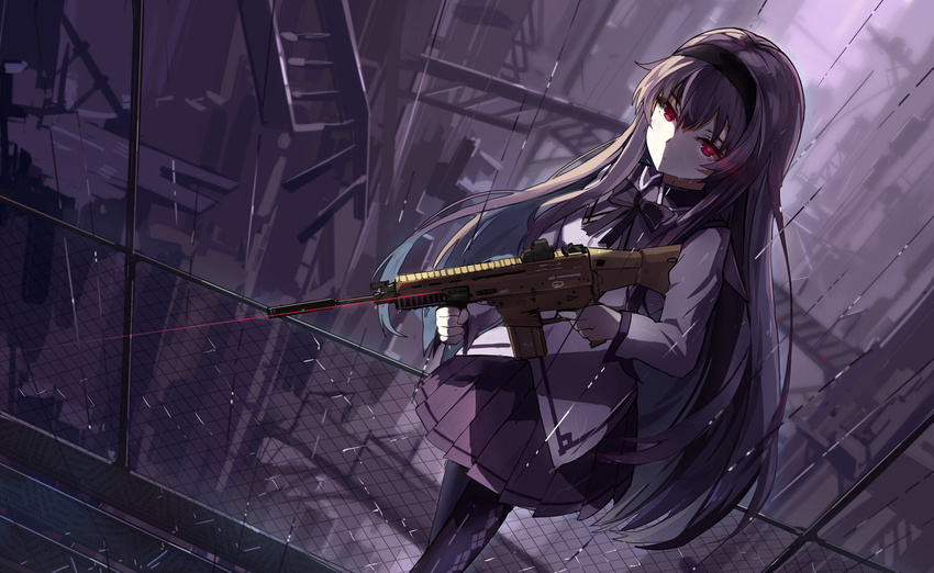 akemi_homura argyle argyle_legwear assault_rifle baisi_shaonian black_hair black_hairband eotech fn_scar fn_scar_17 glowing glowing_eyes gun hairband holding holding_gun holding_weapon laser_beam laser_sight light_trail long_hair long_sleeves magical_girl mahou_shoujo_madoka_magica pantyhose red_eyes rifle ruins school_uniform shirt skirt solo suppressor vertical_foregrip very_long_hair weapon