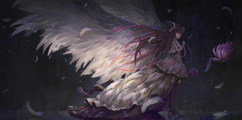 boots bow bow_(weapon) dark dress feathered_wings feathers floating_hair flower from_side full_body gloves glowing glowing_eyes hair_bow high_heel_boots high_heels highres jewelry kaname_madoka long_hair looking_at_viewer magical_girl mahou_shoujo_madoka_magica motion_blur necklace orange_eyes pendant pink_hair red_ribbon ribbon short_sleeves solo soul_gem spoilers standing thigh_boots thighhighs tianya_beiming two_side_up ultimate_madoka very_long_hair weapon white_background white_bow white_dress white_gloves wide_sleeves wings