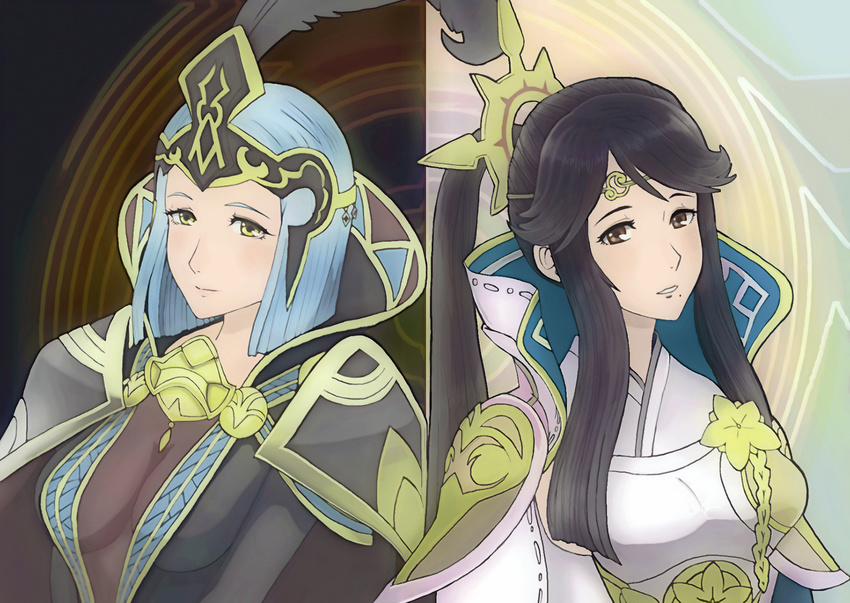 black_hair blue_hair brown_eyes cape feathers fire_emblem fire_emblem_if highres long_hair mikoto_(fire_emblem_if) mole multiple_girls ponytail runachikku shenmei_(fire_emblem_if) siblings sisters yellow_eyes