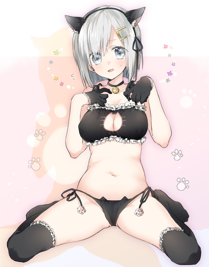 animal_ears bell black_bra black_legwear black_panties blue_eyes bra breasts cat_cutout cat_ear_panties cat_ears cat_lingerie cleavage cleavage_cutout flying_sweatdrops gloves hair_ornament hair_over_one_eye hairband hairclip hamakaze_(kantai_collection) highres jingle_bell kantai_collection medium_breasts meme_attire navel panties short_hair side-tie_panties silver_hair sino_(sionori) solo thighhighs underwear underwear_only wavy_mouth