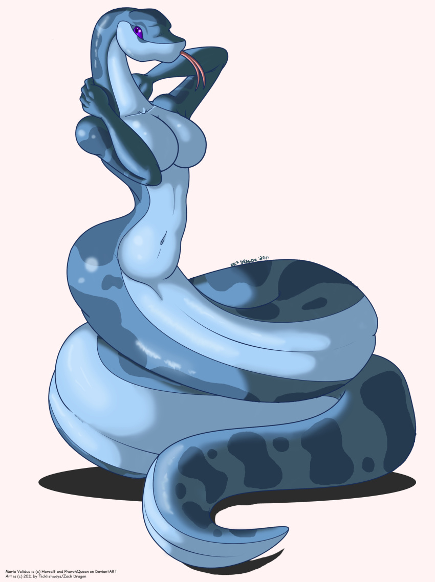 anthro blue_body breasts coiling curves digital_media_(artwork) female hi_res marie_validus naga non-mammal_breasts nude purple_eyes reptile scalie serpentine snake solo split_form zp92