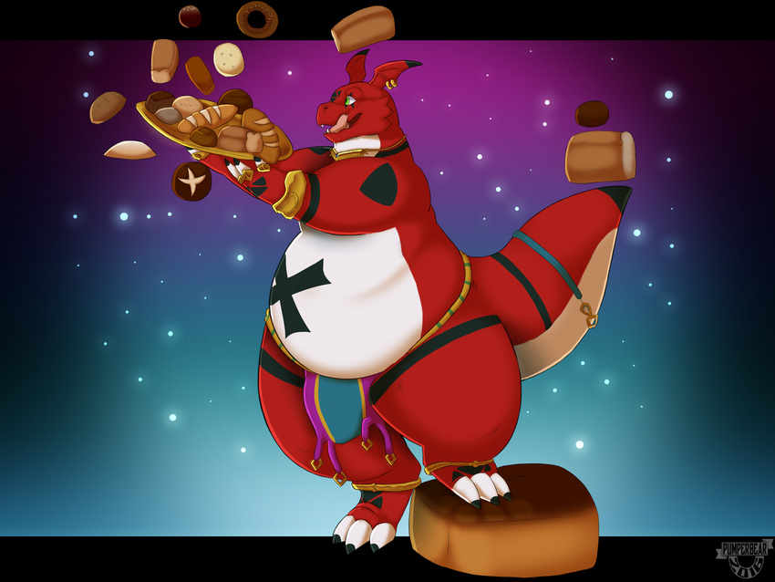 2016 anklet anthro belly big_belly black_skin bracelet bread clothing digimon ear_piercing felix_the_guilmon food guilmon hi_res jewelry loincloth overweight piercing pumperbear scalie slightly_chubby tail_ring thick_tail tongue tongue_out