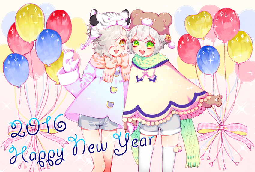 2boys animal_hat artwele balloon bear_hat gokotai green_eyes hair_over_one_eye happy_new_year hat highres holding_hands hotarumaru male_focus mittens multiple_boys new_year open_mouth scarf shorts smile thighhighs tiger_hat touken_ranbu white_hair white_legwear yellow_eyes