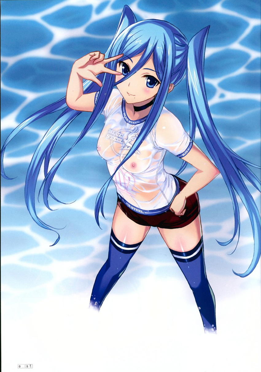 aoki_hagane_no_arpeggio blue_eyes blue_hair blue_legwear breasts covered_nipples highres long_hair looking_at_viewer medium_breasts mole mole_under_mouth mutsumi_masato nipples red_shorts see-through shorts solo takao_(aoki_hagane_no_arpeggio) thighhighs twintails