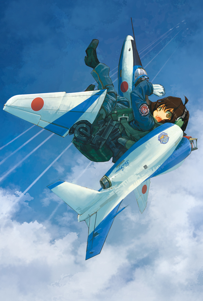 ahoge aircraft airplane angry asterisk_kome boots brown_hair cloud commentary_request day fighter_jet flying gloves headset highres jet jet_engine mecha_musume military military_vehicle open_mouth original parachute pilot_suit sky smoke_trail solo t-4