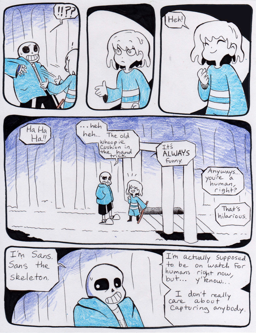 aftertale bone bridge clothed clothing comic dialogue english_text grin hair human jacket loverofpiggies male mammal protagonist_(undertale) sans_(undertale) skeleton smile snow stick teeth text tree undead undertale video_games