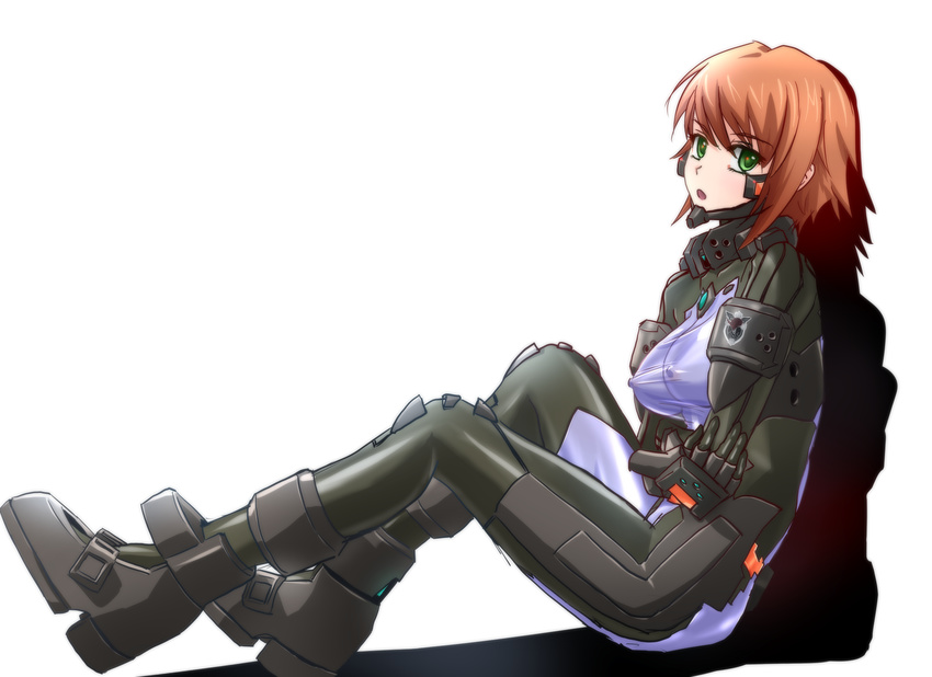 anett_hosenfeld bodysuit boots breasts covered_nipples crossed_arms emblem genya_(genya67) green_eyes highres muvluv open_mouth pilot_suit red_hair schwarzesmarken shadow short_hair simple_background sitting sketch skin_tight small_breasts solo