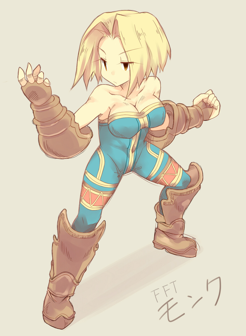 bare_shoulders blonde_hair blue_eyes boots breasts cleavage final_fantasy final_fantasy_tactics full_body gloves highres kamuran large_breasts monk_(fft) short_hair simple_background solo unitard