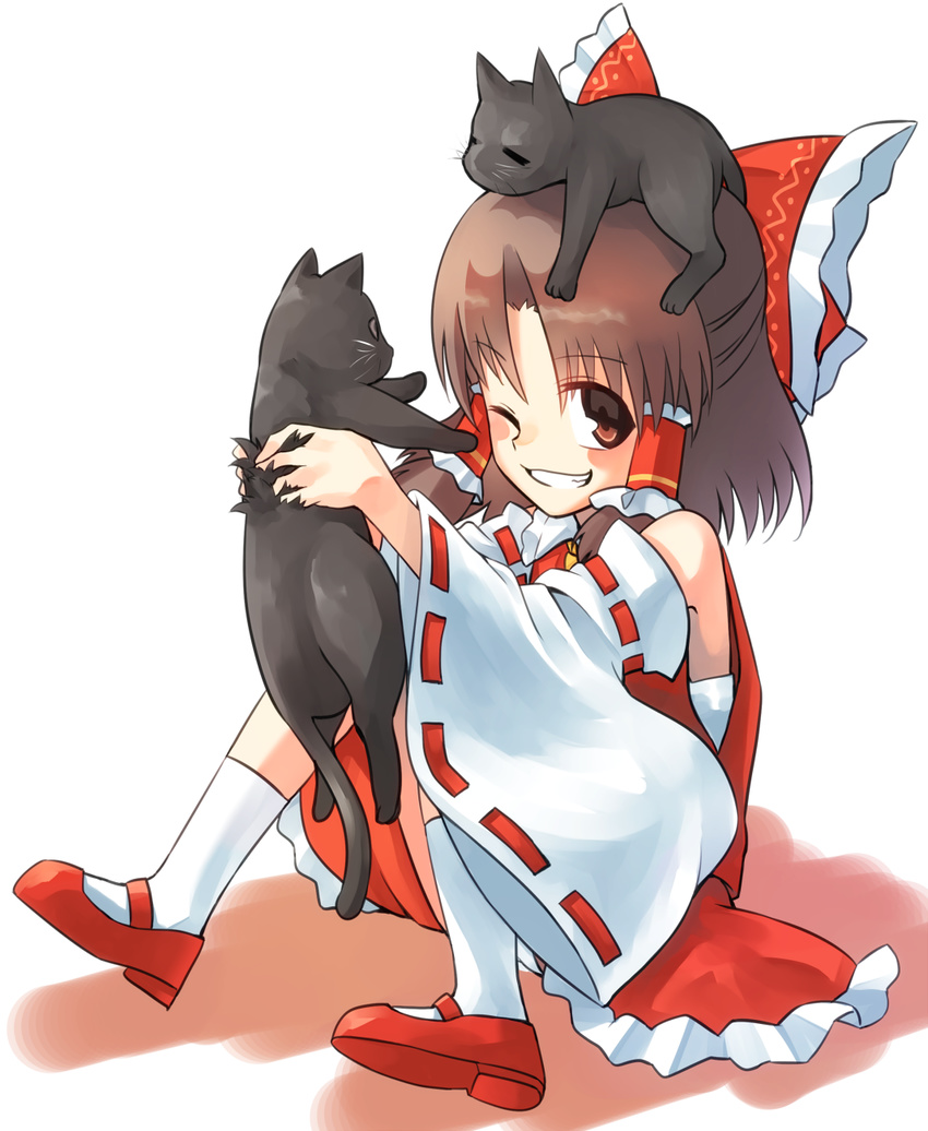 ;) animal animal_on_head bangs benikurage blush bow brown_eyes brown_hair cat cat_on_head cookie_(touhou) detached_sleeves grin hair_bow hair_tubes hakurei_reimu highres holding holding_animal holding_cat looking_at_viewer manarou mary_janes md5_mismatch on_head one_eye_closed panties pantyshot pantyshot_(sitting) red_footwear resized sarashi shoes short_hair sitting skirt skirt_set smile socks solo touhou underwear upscaled white_panties