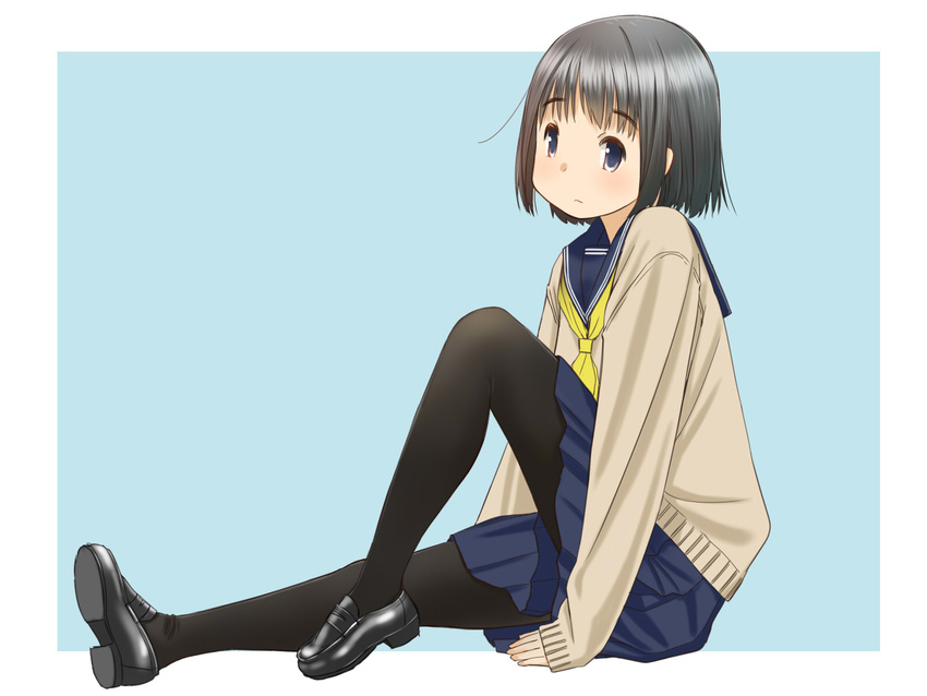 black_eyes black_hair black_legwear highres loafers original pantyhose retsumaru school_uniform serafuku shoes short_hair sitting skirt sleeves_past_wrists solo sweater uniform