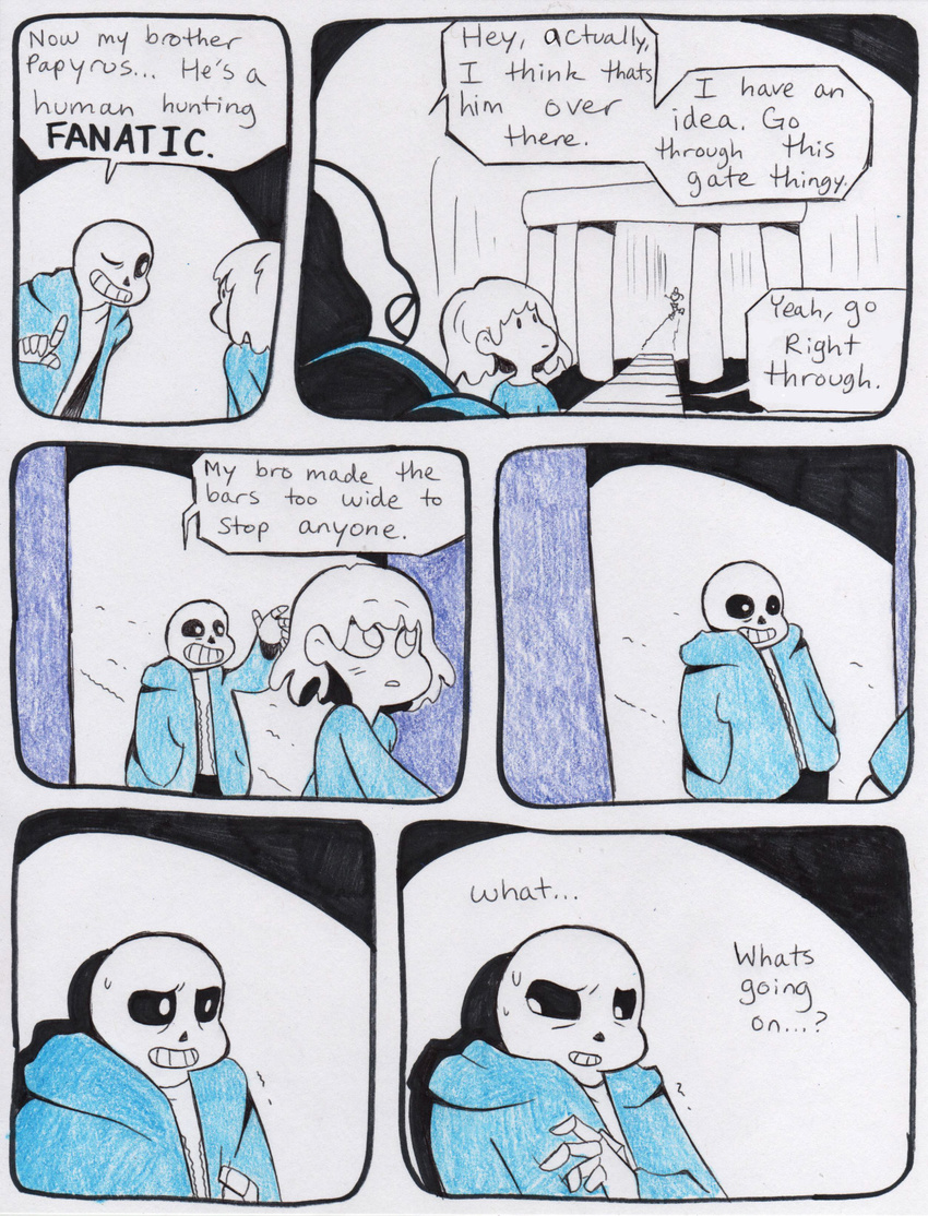 aftertale bone bridge clothed clothing comic dialogue english_text grin hair human loverofpiggies male mammal one_eye_closed papyrus_(undertale) protagonist_(undertale) sans_(undertale) skeleton smile teeth text undead undertale video_games wink