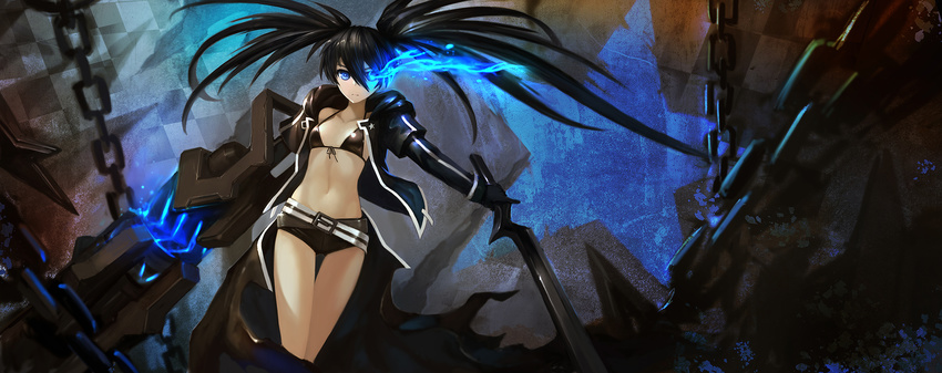 asymmetrical_sleeves belt bikini_top black_bikini_top black_gloves black_jacket black_ribbon black_rock_shooter black_rock_shooter_(character) black_shorts blue_eyes burning_eye chain checkered checkered_background collarbone dark dutch_angle floating_hair gloves hair_between_eyes highres holding holding_sword holding_weapon jacket long_hair long_sleeves looking_at_viewer mechanical_arm midriff navel open_clothes open_jacket ribbon short_shorts short_sleeves shorts simple_background solo star stomach sword thigh_gap toned twintails weapon zhuore_zhi_hen