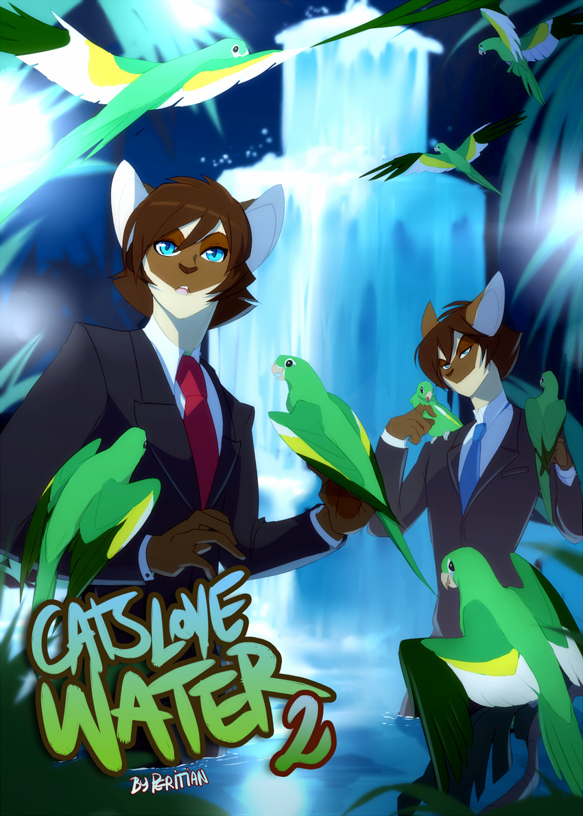 2016 anthro arno avian bird blue_eyes brothers brown_fur brown_hair cat celio clothed clothing comic cover duo eyewear feathers feline feral fur goggles hair hi_res jungle male mammal multicolored_feathers multicolored_fur necktie parakeet parrot partially_submerged peritian siamese sibling suit twins water waterfall