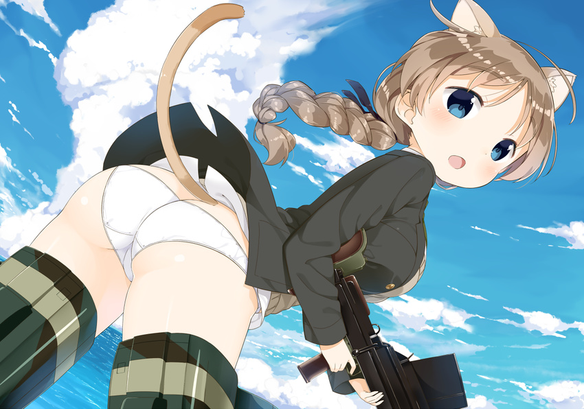 animal_ears ass blue_eyes blush braid brown_hair cat_ears cat_tail commentary_request from_behind gun long_hair looking_back lynette_bishop machine_gun muku_(muku-coffee) open_mouth panties single_braid solo strike_witches striker_unit sweater_vest tail underwear uniform weapon white_panties world_witches_series