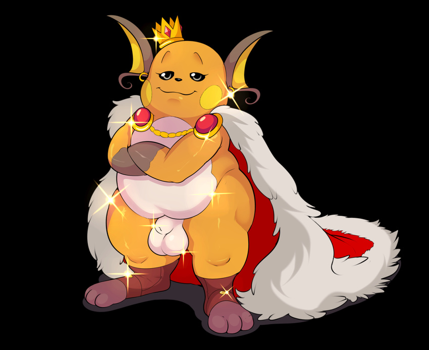 animal_genitalia balls cape clothing crossed_arms crown cup eroborus flaccid foot_wraps front_view looking_at_viewer male mammal mostly_nude musclegut nintendo penis pok&eacute;mon raichu rodent sheath shiny solo standing video_games