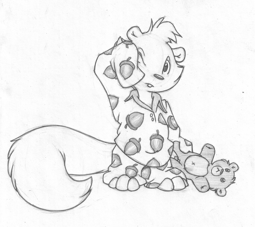 acorn anthro barefoot buckteeth cub front_view greyscale male mammal mizzyam monochrome one_eye_closed pencil_(artwork) rickie_squirrel rodent rubbing_eyes sleepy solo squirrel standing teddy_bear teeth traditional_media_(artwork) young