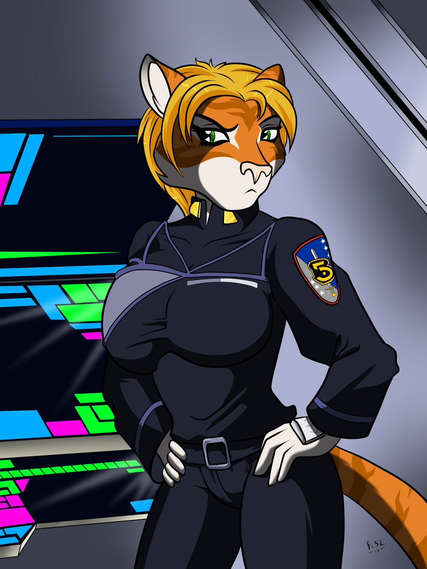 anthro babylon_5 big_breasts blonde_hair breasts ellys_perani fc32 feline female fur green_eyes hair hi_res mammal multicolored_fur orange_fur pink_nose short_hair solo striped_fur stripes tiger two_tone_fur white_fur