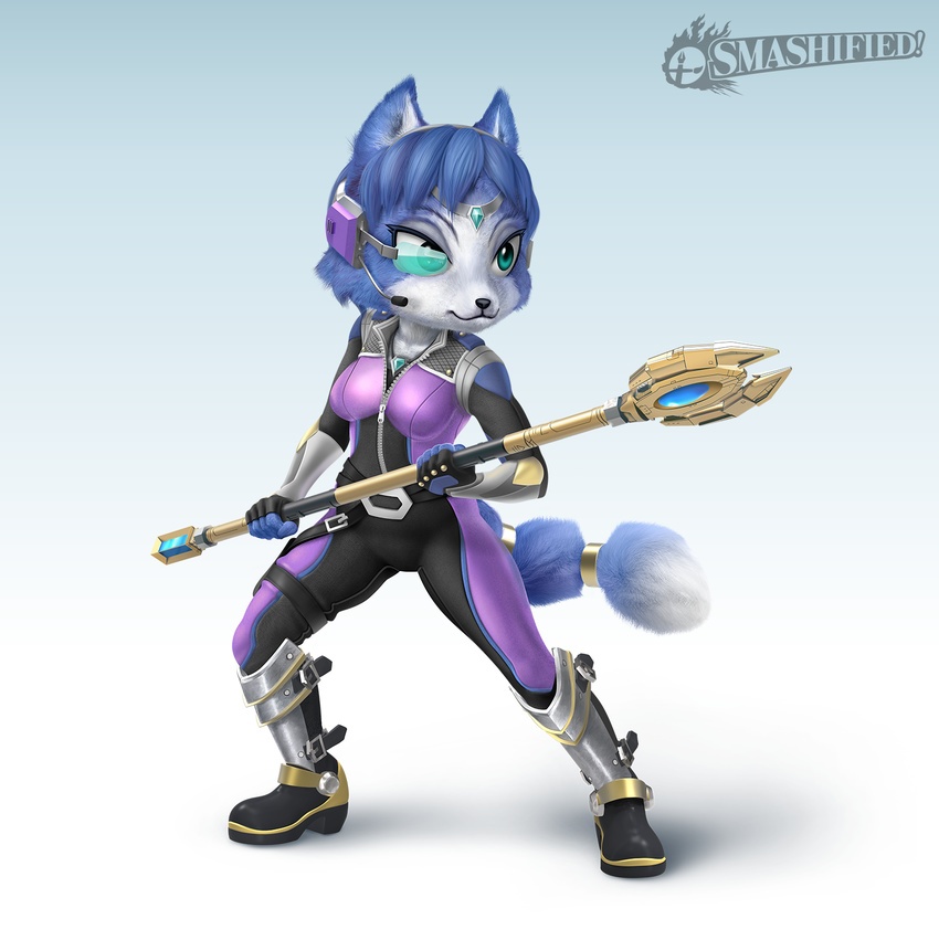 1girl 2016 3d anthro artsyomni belt black_nose blue_fur blue_hair bodysuit boots canine clothing english_text eyewear female fingerless_gloves footwear fox fur furry gem gloves green_eyes hair hair_ornament headband headset hi_res holster jewelry krystal mammal necklace nintendo short_hair skinsuit smile solo staff star_fox super_smash_bros super_smash_bros. tailband text tight_clothing video_games weapon white_fur zesiul