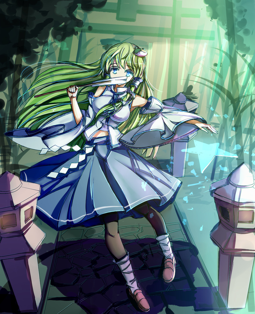 black_legwear blue_eyes blue_skirt breasts brown_footwear contrapposto covering_mouth detached_sleeves forest frog_hair_ornament glowing gm_12re gohei green_hair hair_ornament hair_tubes highres kneehighs kochiya_sanae light long_hair long_skirt looking_at_viewer medium_breasts midriff nature outstretched_arm pantyhose rope shadow shide shimenawa shoes skirt snake_hair_ornament solo standing star stone_lantern stone_walkway torii touhou tree very_long_hair white_legwear wide_sleeves wind