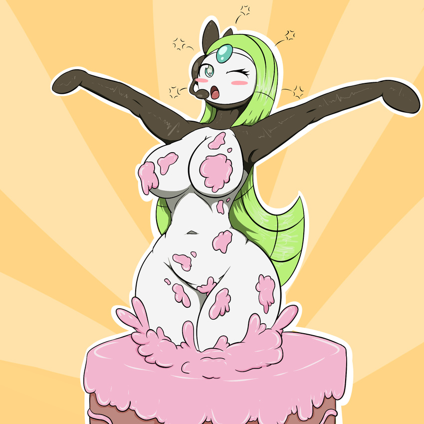 anthro blush breasts cake eyelashes food green_hair hair legendary_pok&eacute;mon long_hair looking_at_viewer meloetta navel nintendo nude one_eye_closed open_mouth pok&eacute;mon pose quin-nsfw solo tongue video_games wink