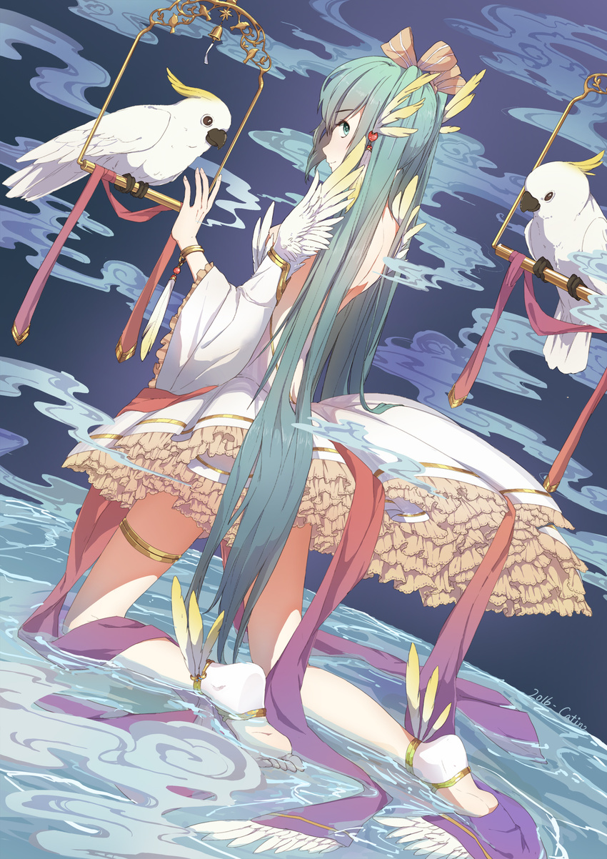 2016 anklet aqua_eyes artist_name backless_dress backless_outfit barefoot barefoot_sandals bell bird bow bracelet catin cockatoo dress dutch_angle feathers feet frilled_dress frills from_behind full_body green_eyes green_hair hair_bow hair_feathers hair_ornament hatsune_miku highres jewelry kneeling kneeling_on_water legband long_hair soles solo sulphur-crested_cockatoo thigh_strap toes twintails very_long_hair vocaloid water wide_sleeves