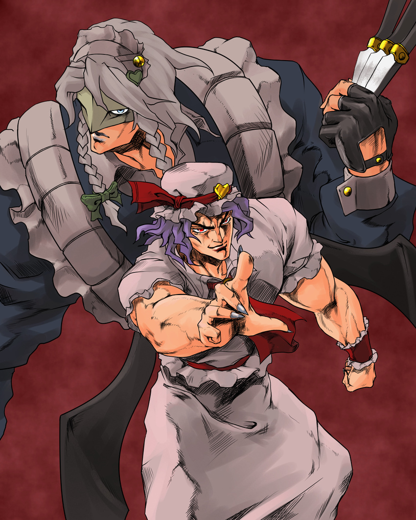 araki_hirohiko_(style) ascot between_fingers blue_eyes braid brooch cosplay dio_brando frilled_sleeves frills gloves hat hat_ribbon headband heart highres hikichi_sakuya holding holding_knife izayoi_sakuya izayoi_sakuya_(cosplay) jewelry jojo_no_kimyou_na_bouken jojo_pose knife knives_between_fingers lavender_hair maid maid_headdress muscle parody pointing pointing_at_viewer pose red_background red_eyes red_ribbon remilia_scarlet remilia_scarlet_(cosplay) ribbon short_hair short_sleeves silver_hair stand_(jojo) stardust_crusaders style_parody the_world touhou trait_connection twin_braids weapon wrist_cuffs