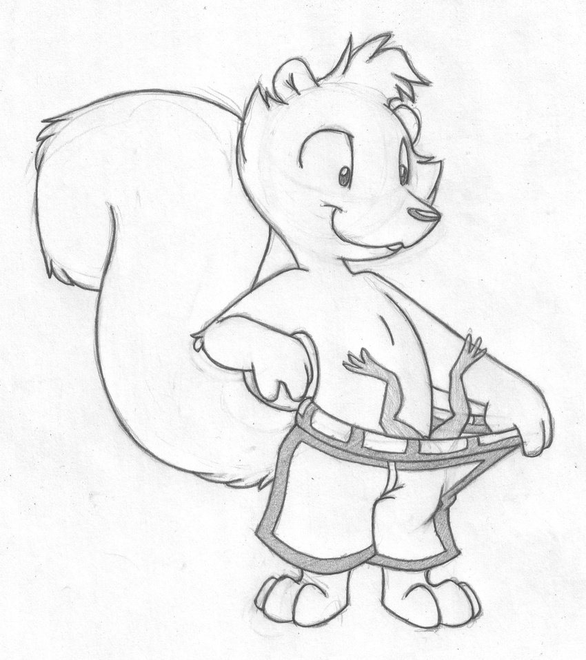 amphibian anthro barefoot buckteeth clothed clothing cub feral frog greyscale male mammal mizzyam monochrome pants_pull pencil_(artwork) rickie_squirrel rodent smile solo squirrel standing swimming_trunks swimsuit teeth topless traditional_media_(artwork) young