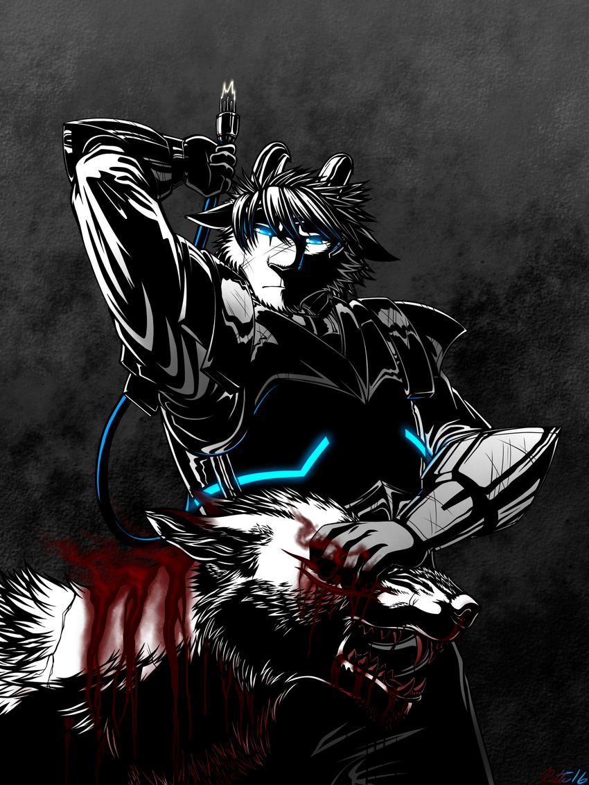 2016 abstract_background android angry anthro armor blood blue_eyes canine corruption demon duo electricity fangs feral glowing glowing_eyes machine male mammal pain photon ratte ratteguhn ratteguhncat red_swirly_stuff_of_doom robot