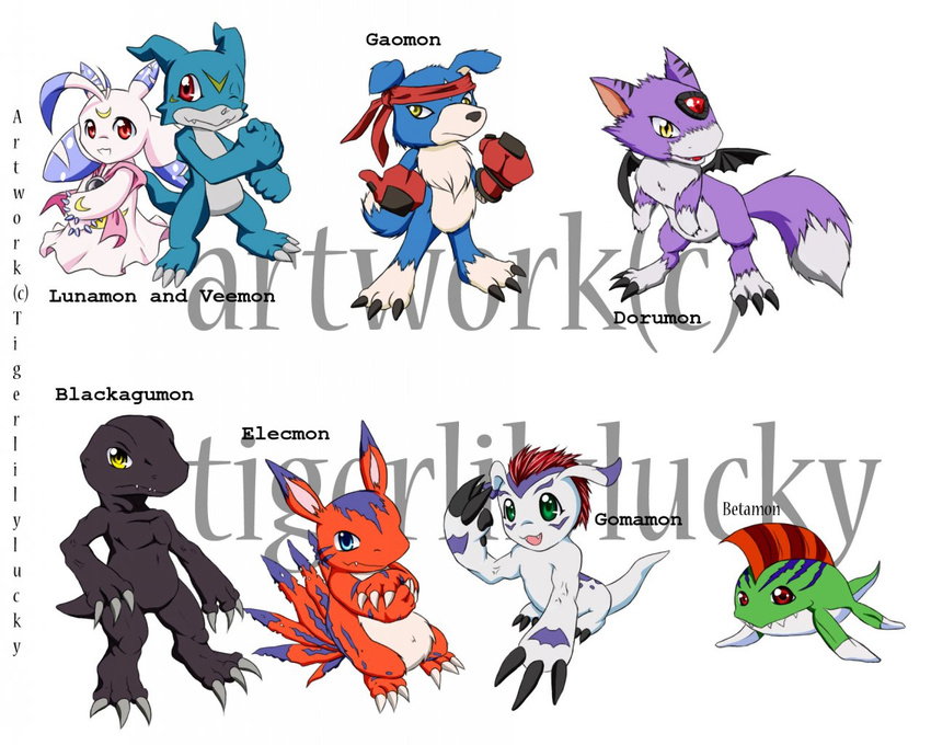 2010 agumon ambiguous_gender betamon black_scales blue_eyes blue_fur blue_scales canine claws clothed clothing crossed_arms digimon dinosaur dorumon dragon elecmon fin fur gaomon gloves gomamon green_eyes green_skin group headband looking_at_viewer lunamon mammal marine navel nude one_eye_closed purple_fur red_eyes red_fur scales scalie simple_background tigerlilylucky toe_claws tuft veemon white_background white_fur white_scales wings wink yellow_eyes